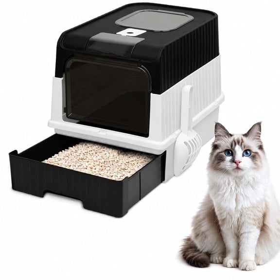 Enclosed Cat Litter Box, Foldable Design, Removable Tray, Litter Scoop