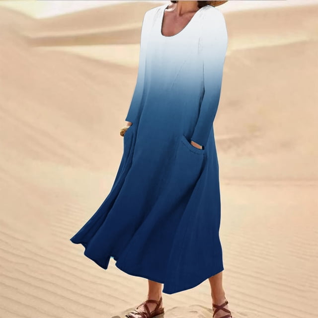 FcBaudy Longues Robe à Manches à Col Rond Robes d'Été pour Femmes Imprimé Robe à Manches Longues à Col Rond Robes avec Poche Robe pour Femme