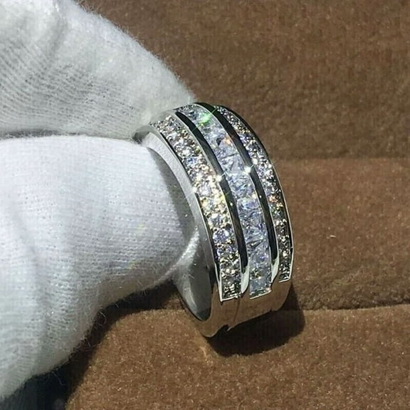 OM JEWELS 2.50Ct Princess Cut Real Moissanite Men's Anniversary Ring 14K White Gold Plated