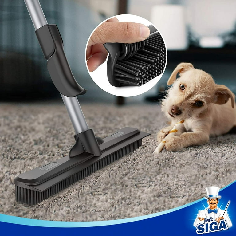 MR.SIGA Pet Hair Removal Rubber Broom with Built in Squeegee, 3 in 1 Floor Brush for Carpet, 62 inch Adjustable Handle, Includes One Microfiber
