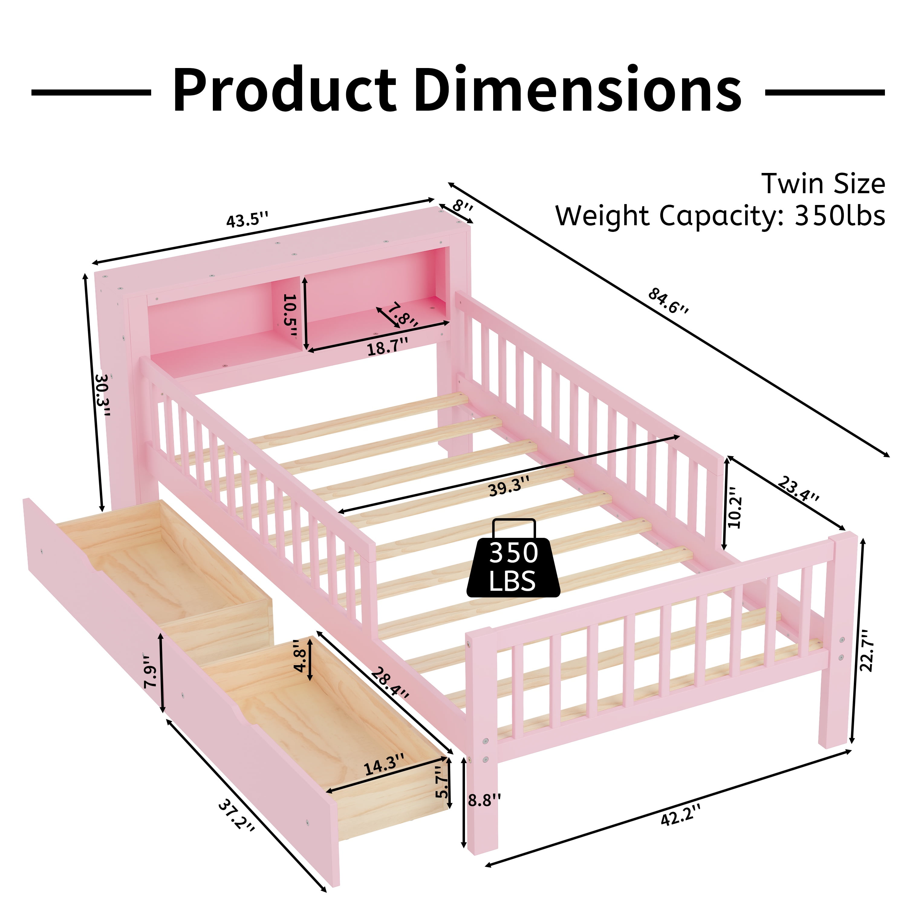 Twin Bed Frame for Kids, SHINPT Twin Size Bed Frame with Headboard Storage Rack, Storage Bed Frame with Two Under-Bed Drawers, Bed for Kids with three-Side Guardrails, White, Pink, Gray, Walnut