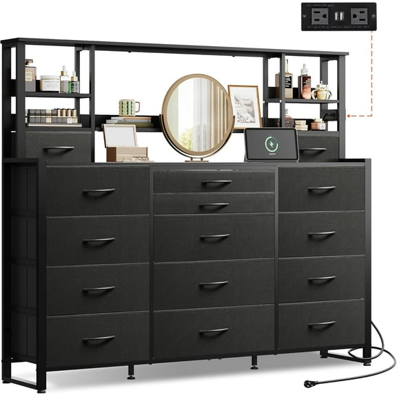 55" W Dresser for Bedroom with 15 Fabric Drawers & 5 Storage Shelves, Tall Black Dresser with Charging Station, Makeup Vanity Desk, Dressing Table, Chest of Drawers for Closet, Living Room