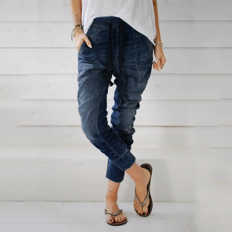 HENWERD Womens Drawstring Jeans Casual Pockets Denim Baggy Harem Distress Pants 