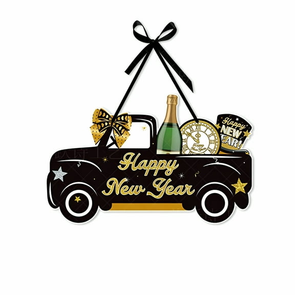 LAMIRO Happy New Year Sign Decorative Door Hanger with Black Gold Truck Door,Midnight Clock,Hat and Champagne Design New Year Door Decoration Sign
