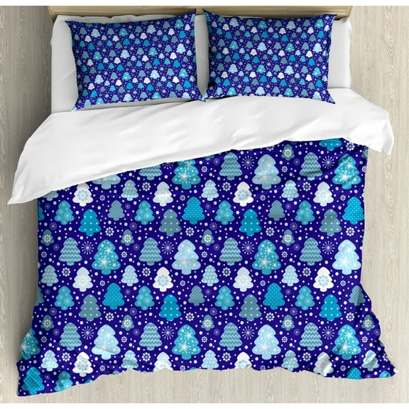 Winter Duvet Cover Set King Size, Snowflakes and Silhouettes of Christmas Pine Trees Sweet Christmas, Decorative 3 Piece Bedding Set with 2 Pillow Shams, Violet Blue Pale Blue White, by Ambesonne