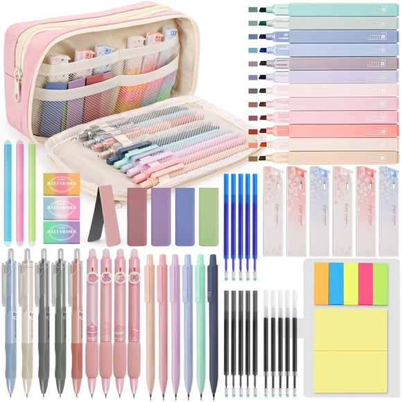 Material escolar DazSpirit Aesthetic, 61 unidades, con estuche para lápices, color rosa