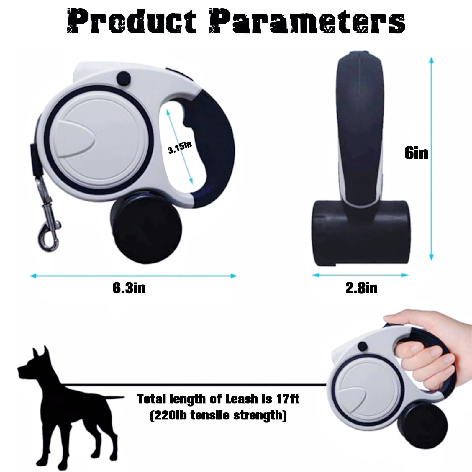 Retractable Dog Leash ,3-in-1 Dog Leash for Dogs With Flashlight，17-Foot Retractable Leash, Suitable for All Pets