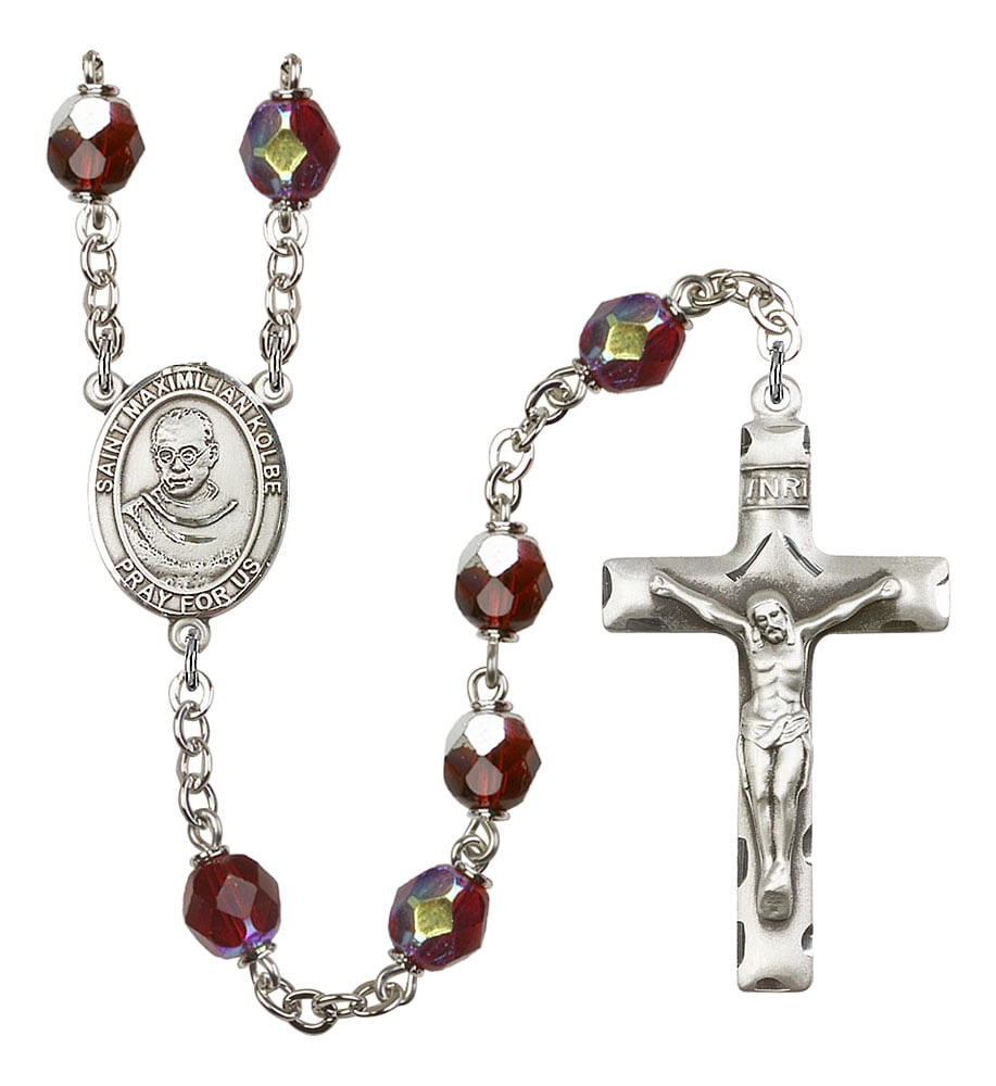 18-Inch Rhodium Plated Necklace with 6mm Garnet Birthstone Beads and Sterling Silver Crucifix Charm.