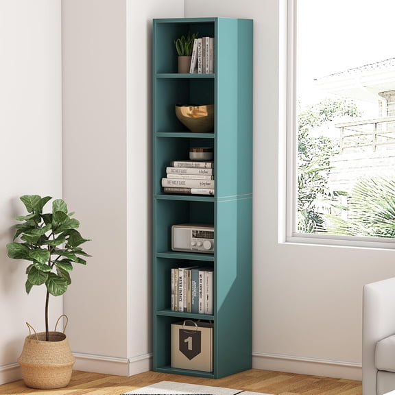 Finmind 70.9 Inch Tall Narrow Bookcase, Modern Slim Corner Bookcase with Storage, 6 Tier Cube Display Shelves for Living Room, Bedroom, Home Office, Blue