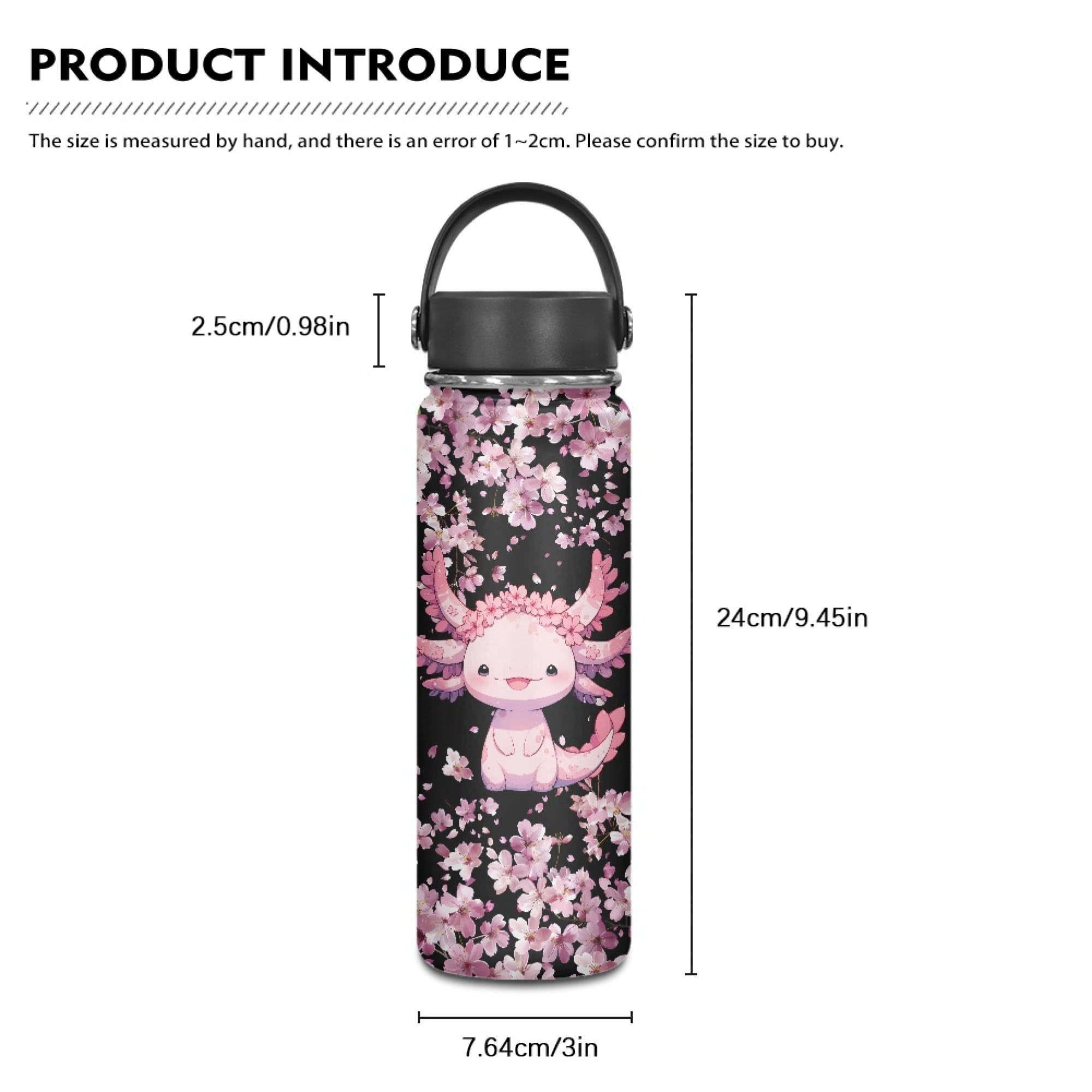 SEANATIVE Cherry Blossom Water Bottle Cute Water Bottle with Lid and Carry Loop Pink Axolotl Drinking Bottle 18oz Leakproof Canteen Boys School Sport Water Bottles