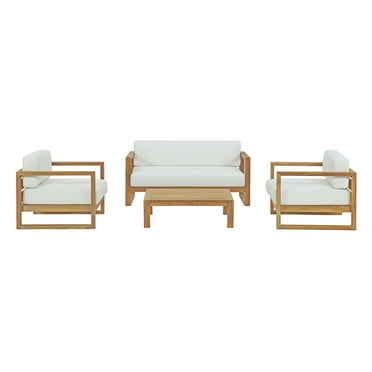 Lounge Sectional Sofa Chair Table Set, White Natural, Teak Wood, Fabric, Modern Contemporary, Outdoor Patio Balcony Cafe Bistro Garden Furniture Hotel Hospitality