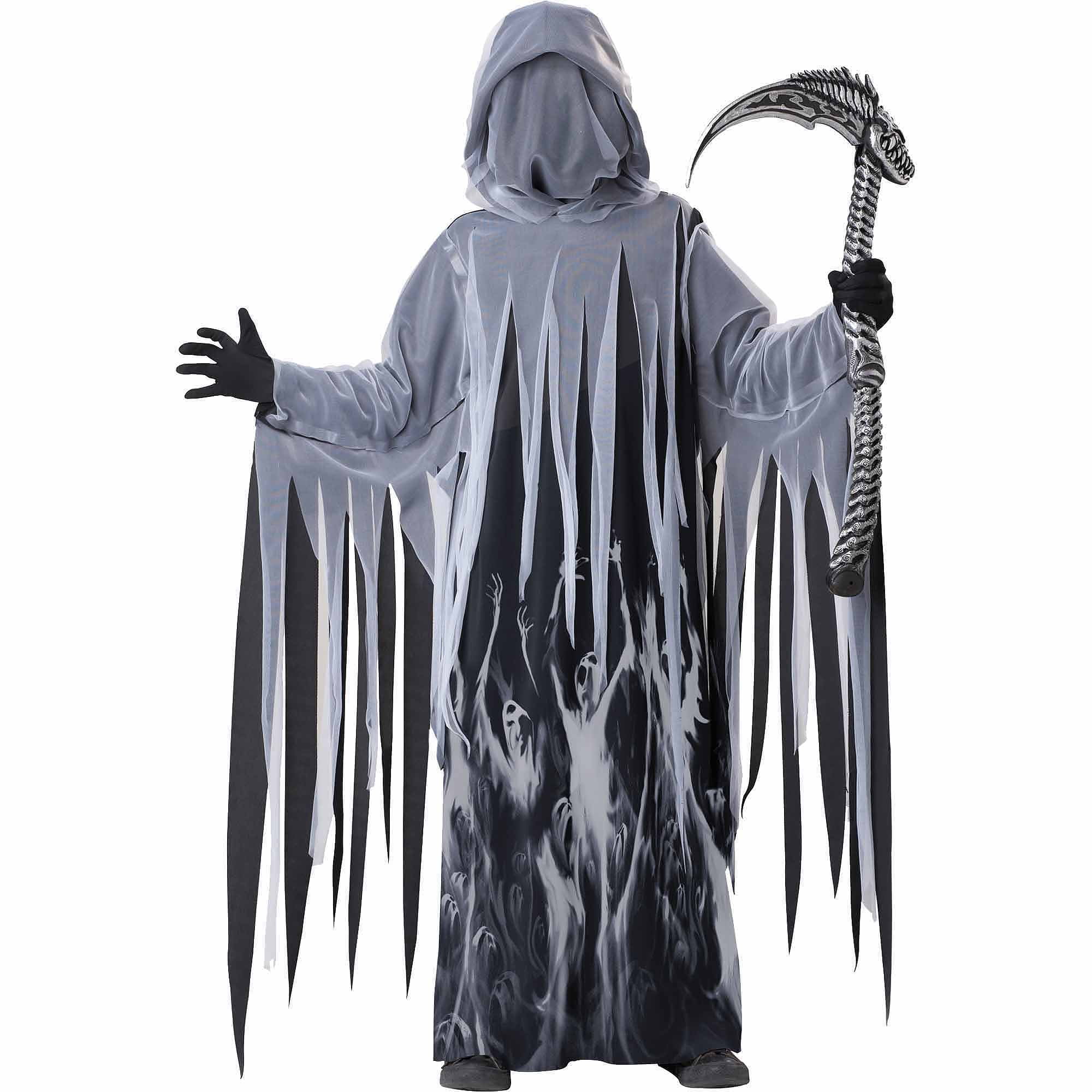 CHILDRENS GRIM REAPER DEATH HALLOWEEN FANCY DRESS COSTUME KID OUTFIT HOODED ROBE 