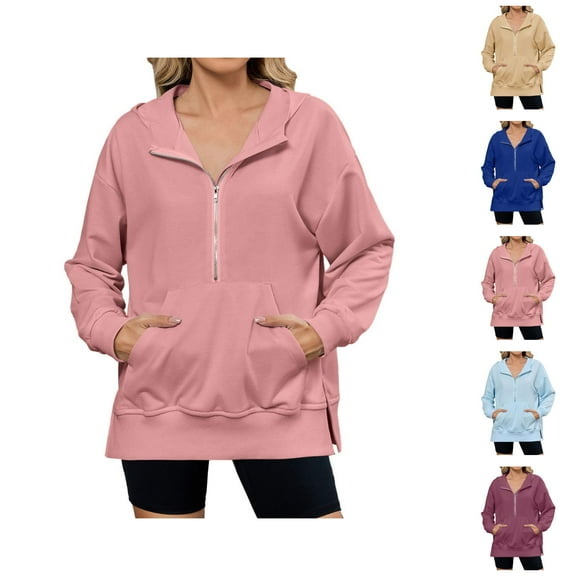 Tops for Women Women's Solid Color Sweatshirt Women's Zip Up Hoodie Pullover Casual Long Sleeve Full Zip Jacket With Stand Collar For Daily Wear All Season Comfort