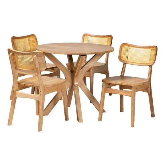 Baxton Studio Camilo 5-Piece Wood & Rattan Dining Set in Oak Brown