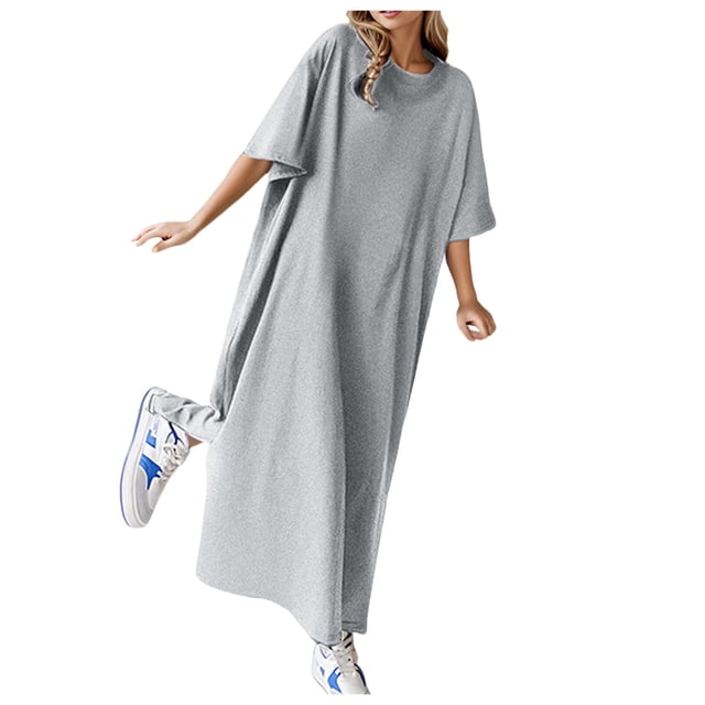Vestido camiseta holgado informal de manga corta liso para mujer - Algodón lavable, versátil para primavera/verano