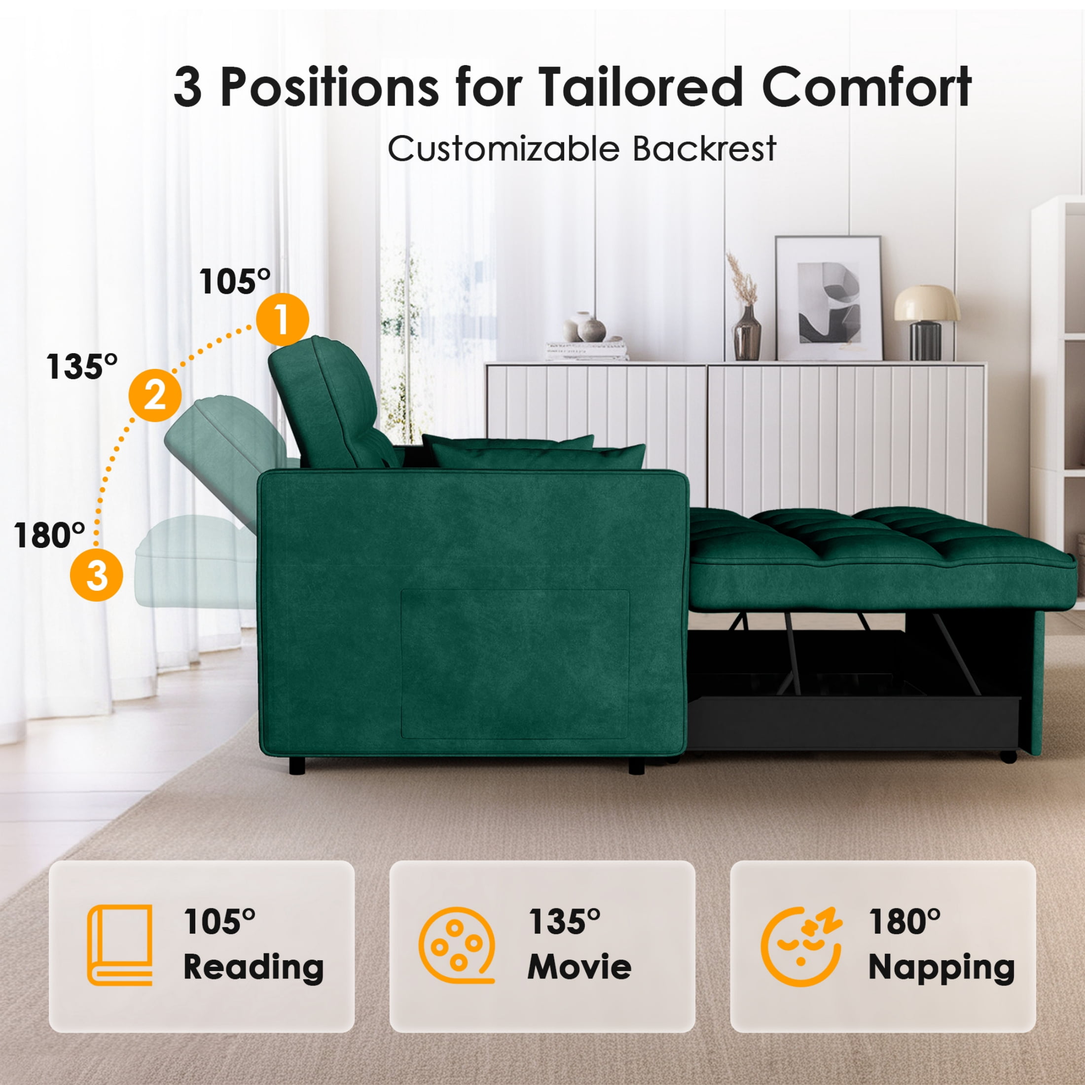 Anpport 3-in-1 Convertible Sleeper Sofa Bed, Pull-Out Loveseat Couch with Adjustable Back, Velvet Fabric, 55",Green
