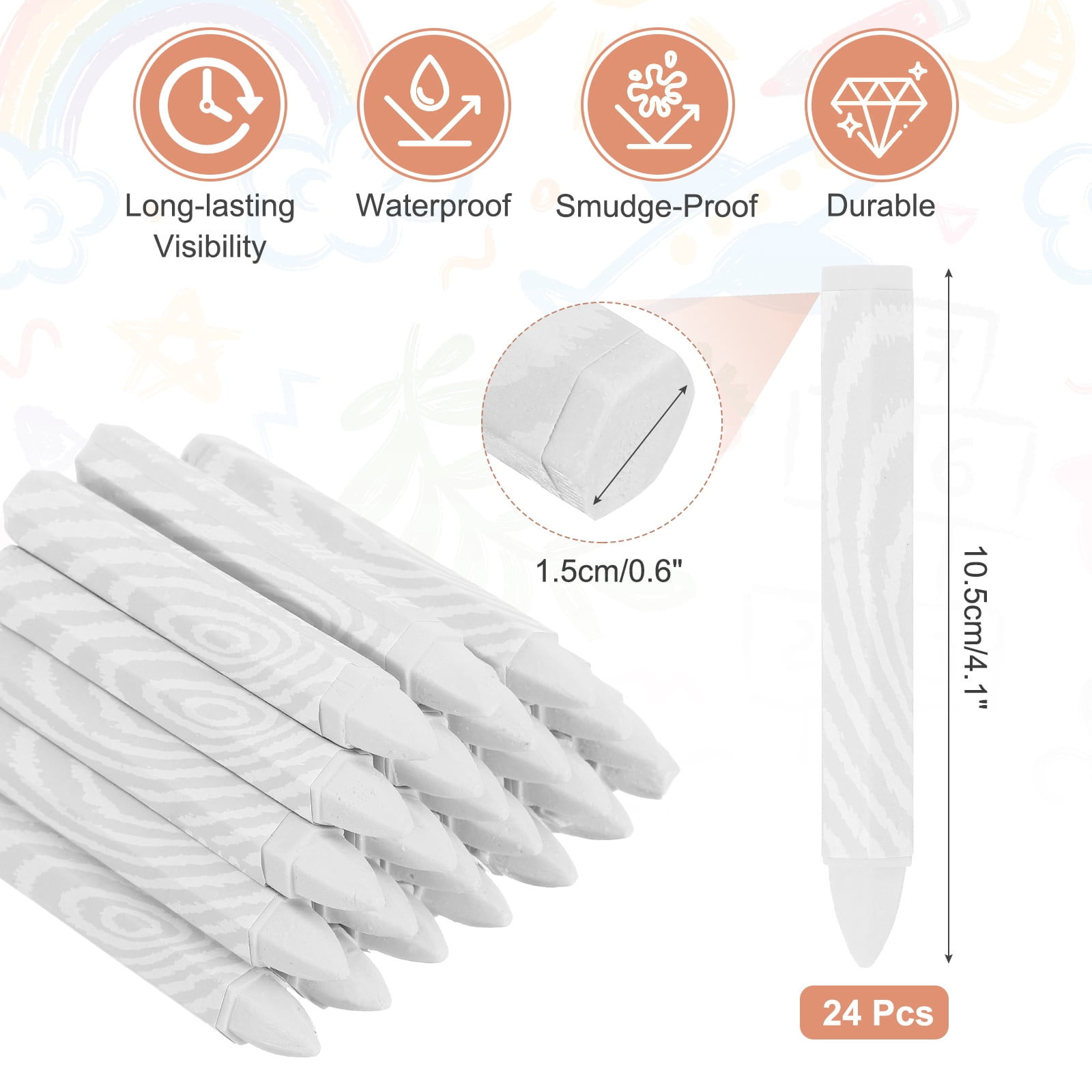 24Pcs Lumber Marking Crayons, 4.1" x 0.6" Hex Wax Tire Marker Pen Drawing Crayons for Wood Metal(White)