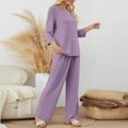 thumbnail image 3 of 2 Piece Fall Outfits for Women Ribbed Knit 3/4 Sleeve Top and Wide Leg Pant Set with Pockets Casual Loungewear (XL, Purple), 3 of 6