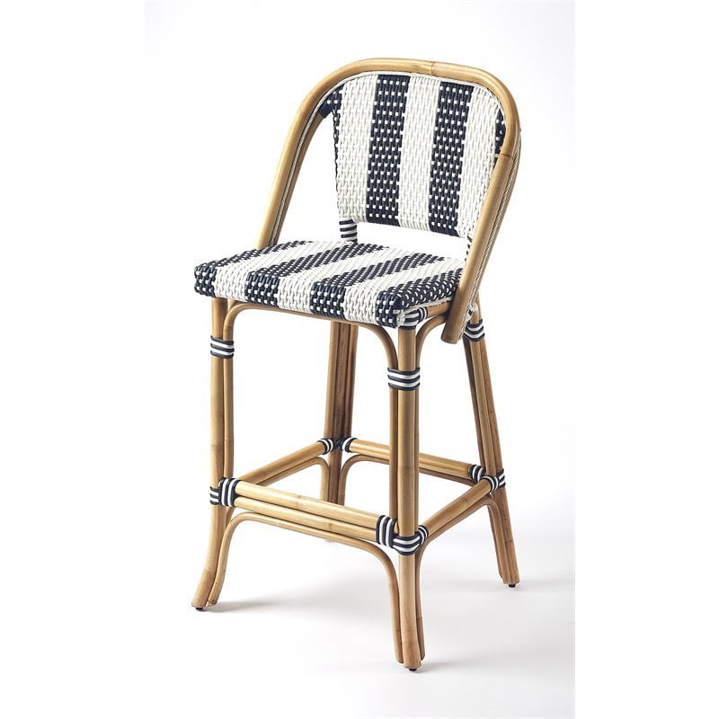 Beaumont Lane Island Living Stripe Rattan Bar Stool in Blue and White