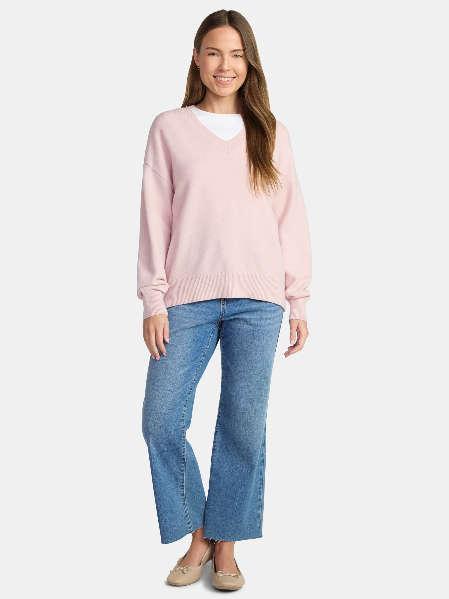 Time and Tru Women's V Neck Pullover Sweater, Lightweight, Sizes XS-XXXL