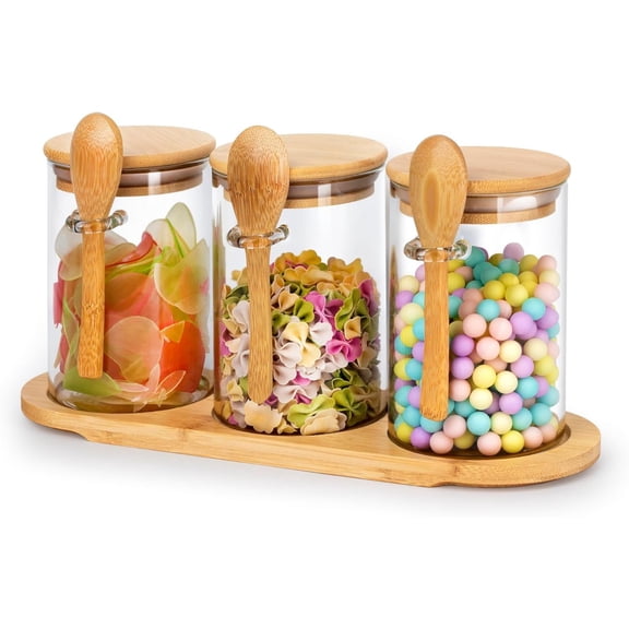 3-pack 18oz Airtight Glass Storage Canister with Wood Lid Spoon and Tray, Food Glass Jars ,Overnight Oats Containers with Lids,Decorative Kitchen Jars for Coffee Tea Sugar Spice,Salt Containers