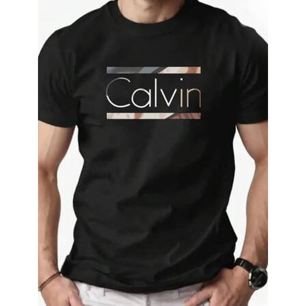 Calvinsheet Men's Navy Blue Pattern T-Shirt - Casual Crew Neck, Short Sleeve, Breathable, Machine Washable Summer Essential, with Fashion Letter Print, Suitable for Casual Wear, Men's Casual Clothing