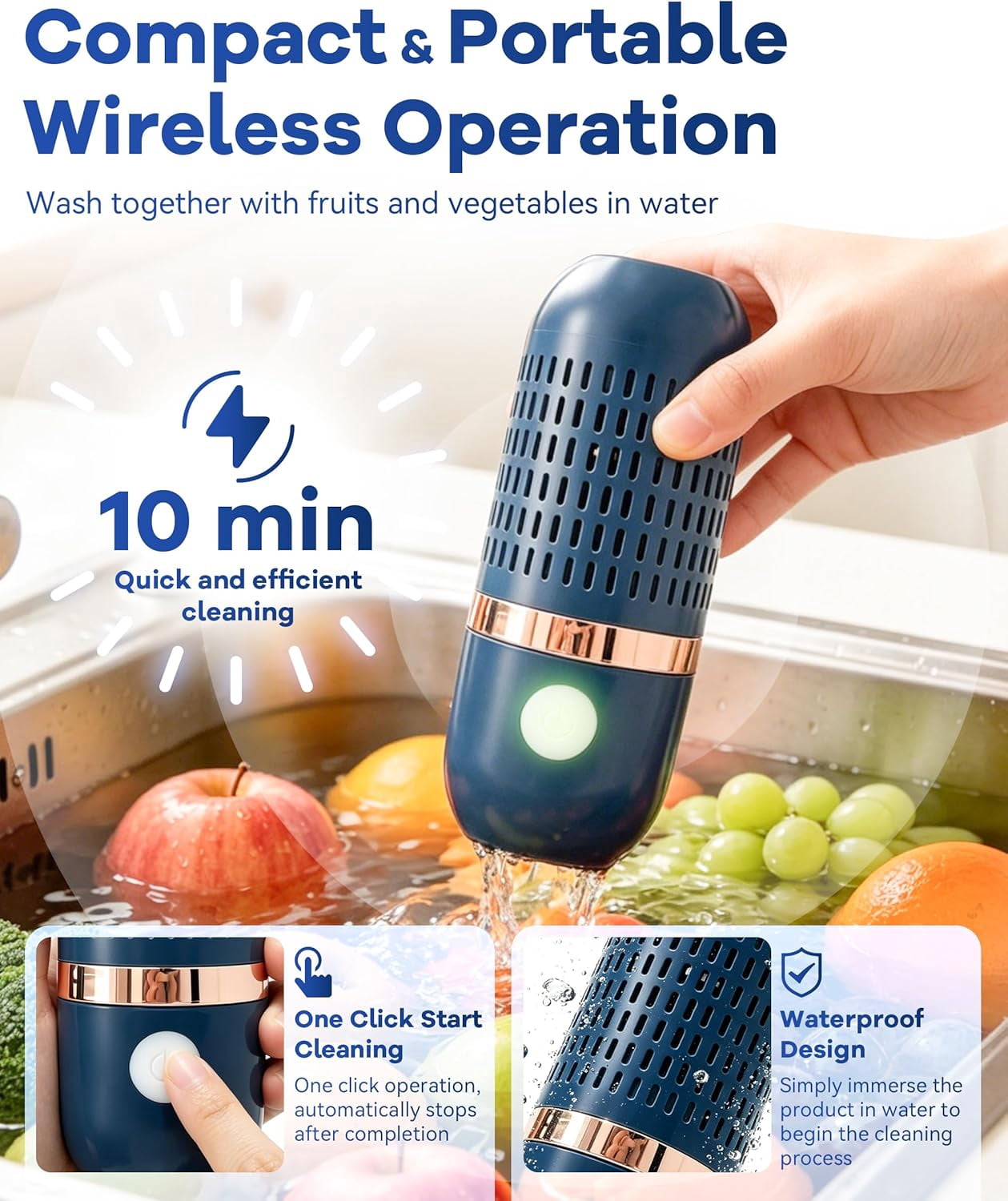 PUREPOD Produce Cleaner,Fruit and Vegetable Purifier Cleaner Washing Machine,Compact Kitchen Purifier,Portable Mini Ultrasonic Dishwasher,Ipx7 Waterproof,Oh-Ion Technology,Bule