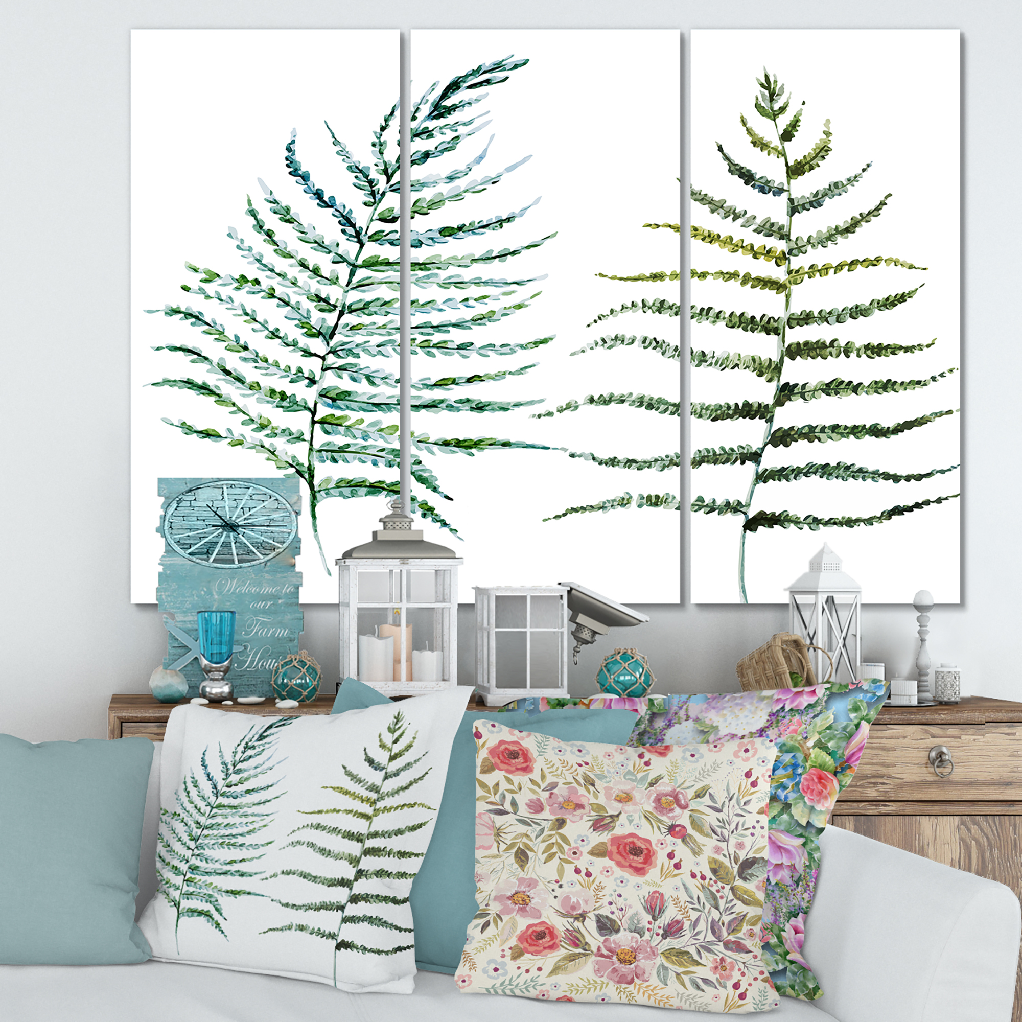 Designart ' Two Fern Leaves On White ' Farmhouse Canvas Wall Art Print