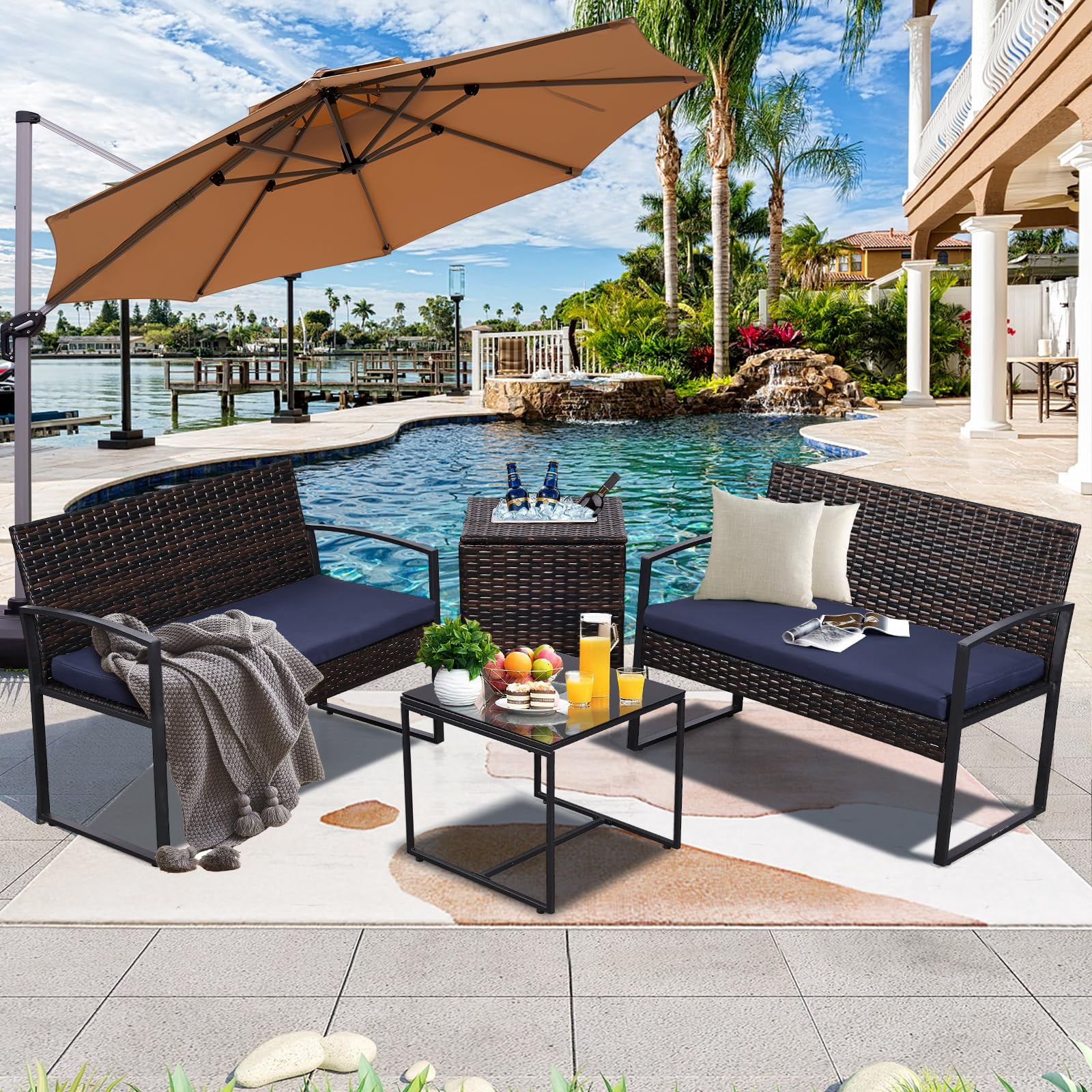 4 Piece Outdoor Patio Furniture Set,Wicker Conversation Sets Patio Sofa Couch with Built-in Beverage Cooler Storage Box & Coffee Table for Outside, Garden, Balcony, Porch,Brown/Blue