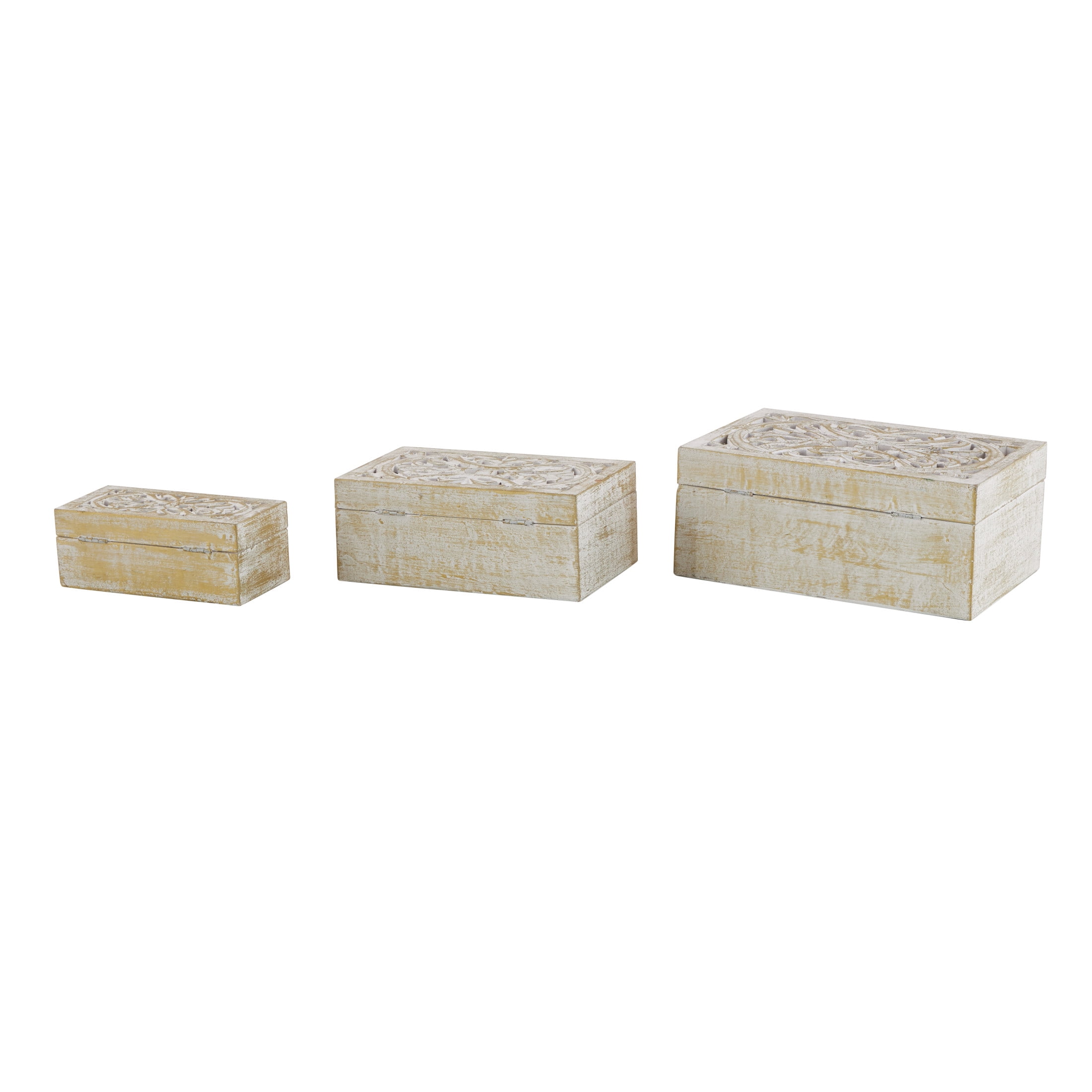 DecMode Floral Handmade White Mango Wood Decorative Box with Hinged Lid, 3 Count