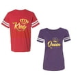 thumbnail image 1 of King Queen Gold Unisex Couple Matching Cotton Jersey style T-Shirt Contrasting stripes on sleeves (Men Red / Women Purple) (Men L / Women S), 1 of 3