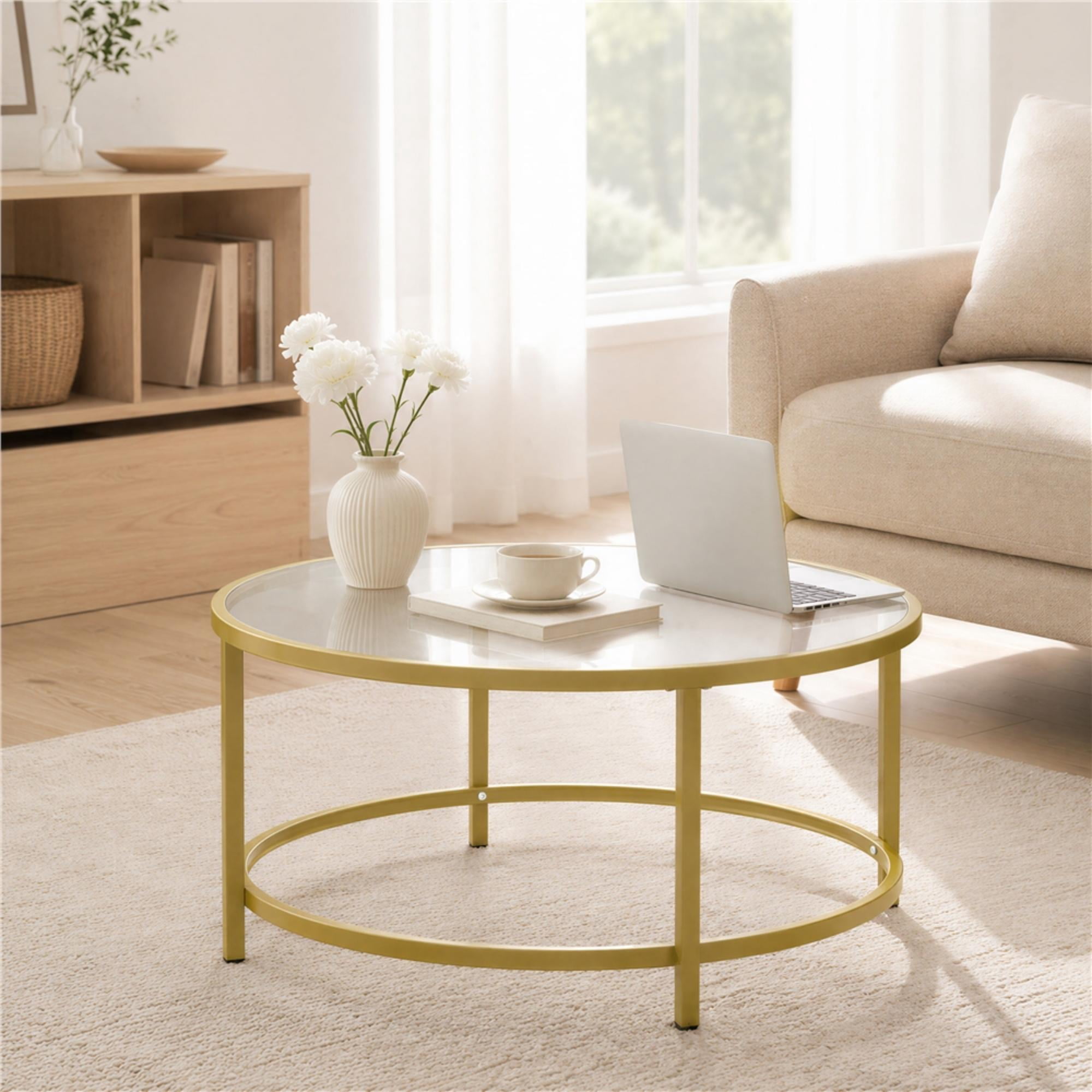 Renwick Round Glass Top Coffee Table for Livingroom, Gold