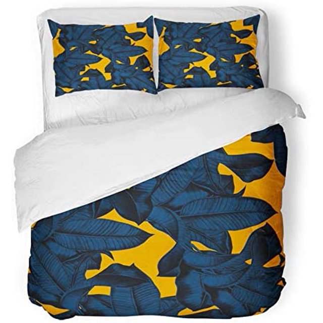 Juego de Ropa de Cama de 3 Piezas ABPHQTO Patrón de Hojas botánicas Acuarela Azul Funda nórdica Naranja con 2 fundas de almohada