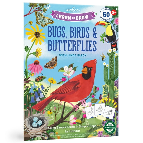 eeBoo: Learn to Draw - Bugs, Birds & Butterflies - 32 Page Activity Book & 50 Stickers Set, Fun Nature-Themed Step-By-Step Drawing & Coloring, Kids 5 
