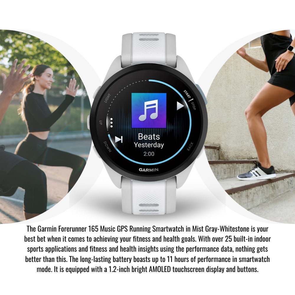 Garmin Forerunner 165 GPS Running Smartwatch (Mist Gray and Whitestone) Bundle with Focus 9H Tempered Glass Screen Protector Film (42mm, 3-Pack) (2 Items)