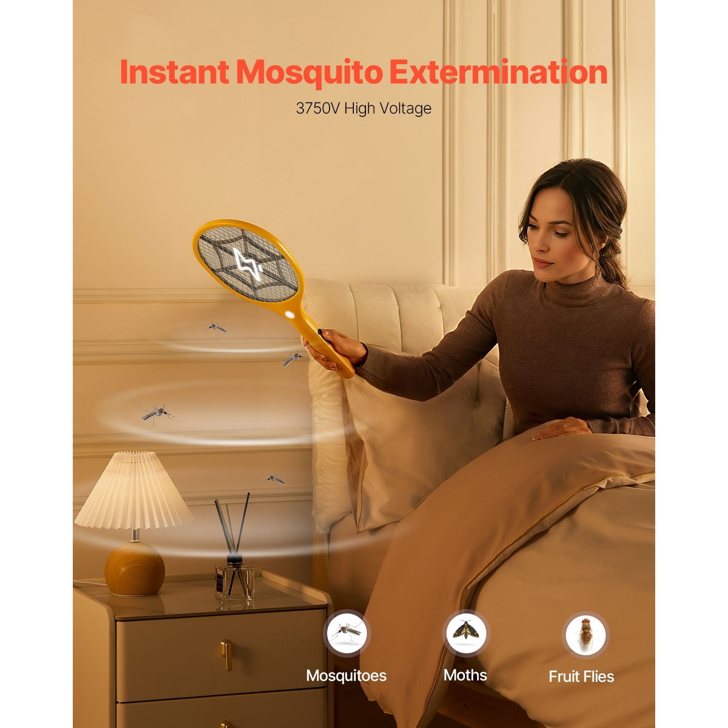 Electric Fly Swatter 3750V High-Voltage Grid, Instant Zap Fly Fruit Fly Killer, Handheld Bug Zapper Racket for Indoor Outdoor Home Kitchen Patio