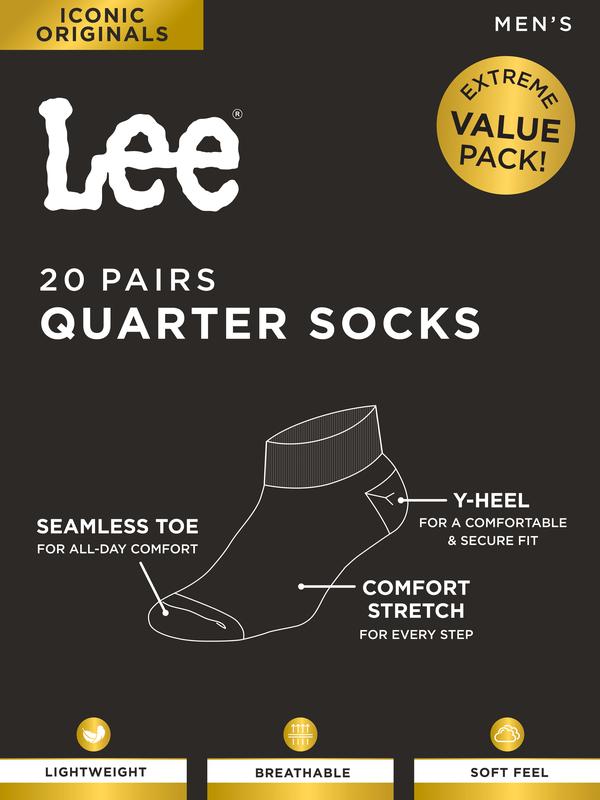 Lee Iconic Originals Quarter Low Cut Socks, 10-13, Heather Grey, 20-Pack