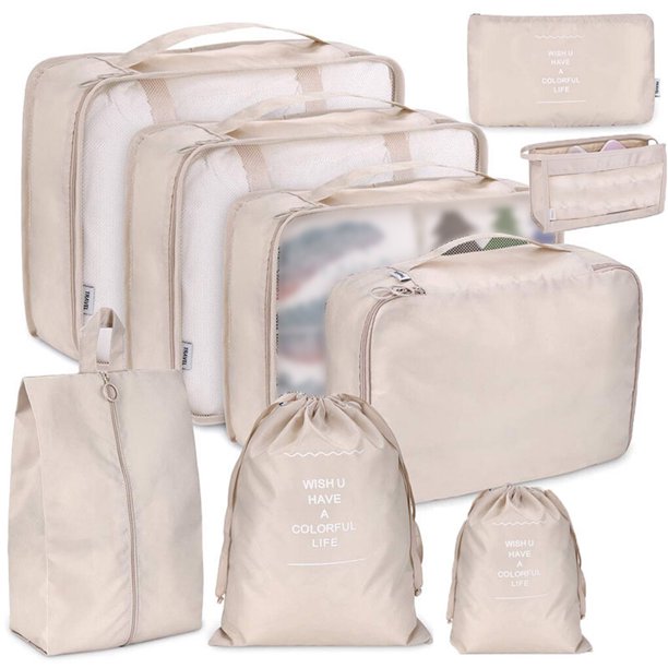 Cateissary 9 piezas cubos de embalaje impermeable equipaje malla ropa sujetador cordón clasificación bolsa de almacenamiento para suministros de viaje al Almacenamiento y organización del hogar Beige