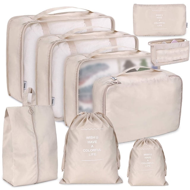 Billuyoard Organizador de cubos de embalaje de 9 piezas, ropa, zapatos, sujetador, maleta, bolsa de almacenamiento con cordón, suministros de Almacenamiento y organización del hogar Beige