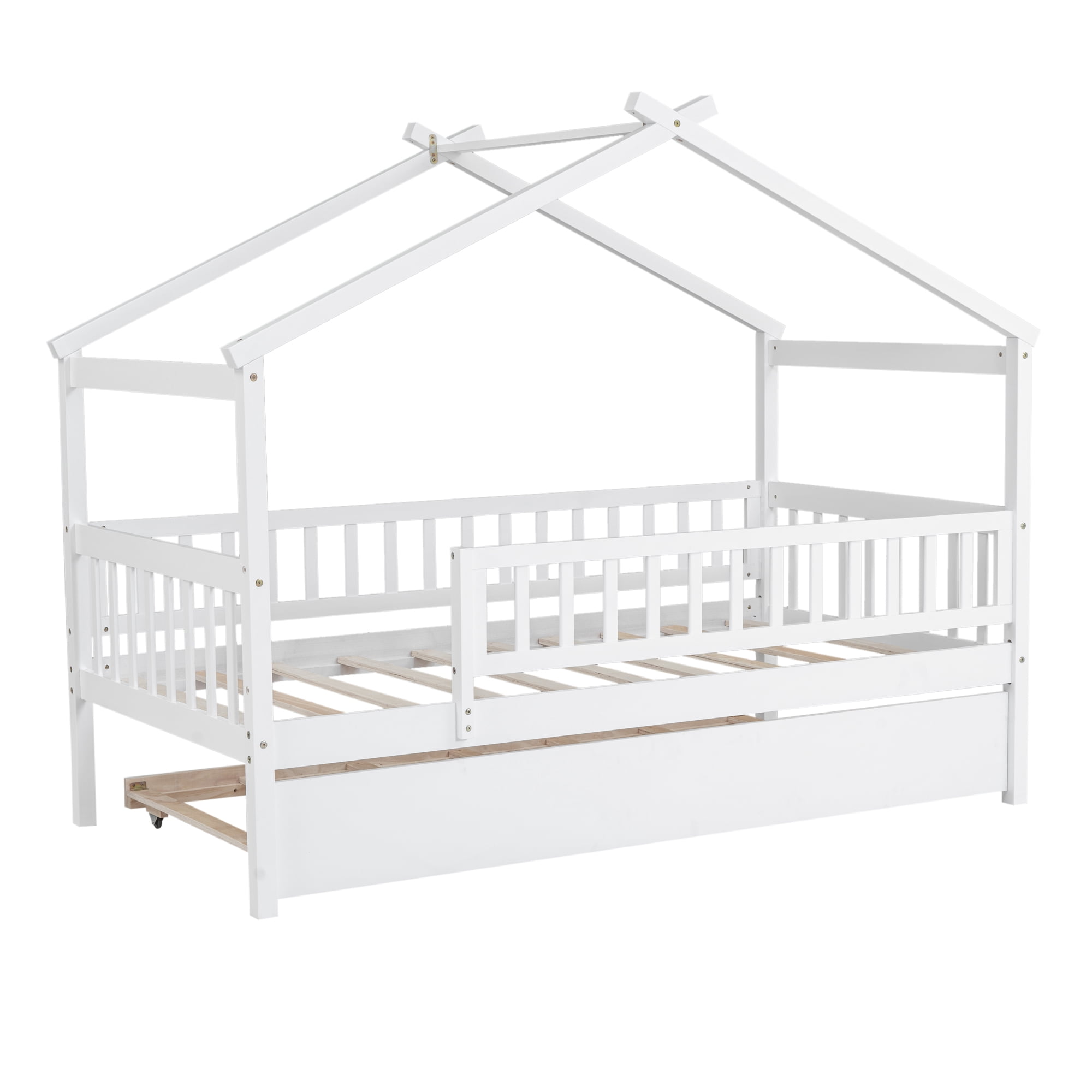 Gewnee Pine Wood Twin Size House Bed with Trundle and Roof for Kids,White