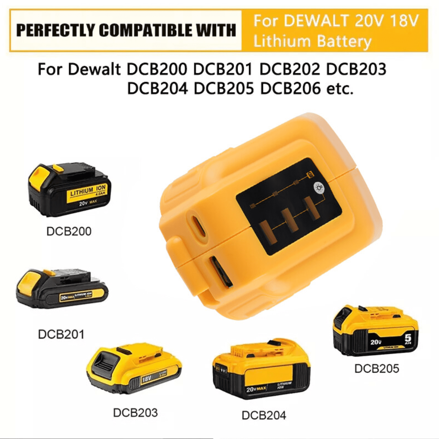 USB Charger Adapter for Dewalt 20V Li-ion Battery with USB Output & Type-C Fast Charging Interface(Adapter Only)