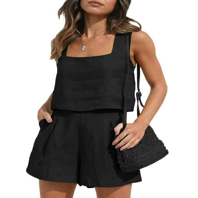 Women 2 Piece Outfits Linen Matching Set Vest Crop Tank Tops with Shorts Summer Going Out Trendy Vacation Set
