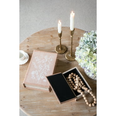 Set of 2 Decorative Book Boxes with Soft Multi-Colored Floral Motifs, L: 7x3x10.5" S: 5x2x8.5"