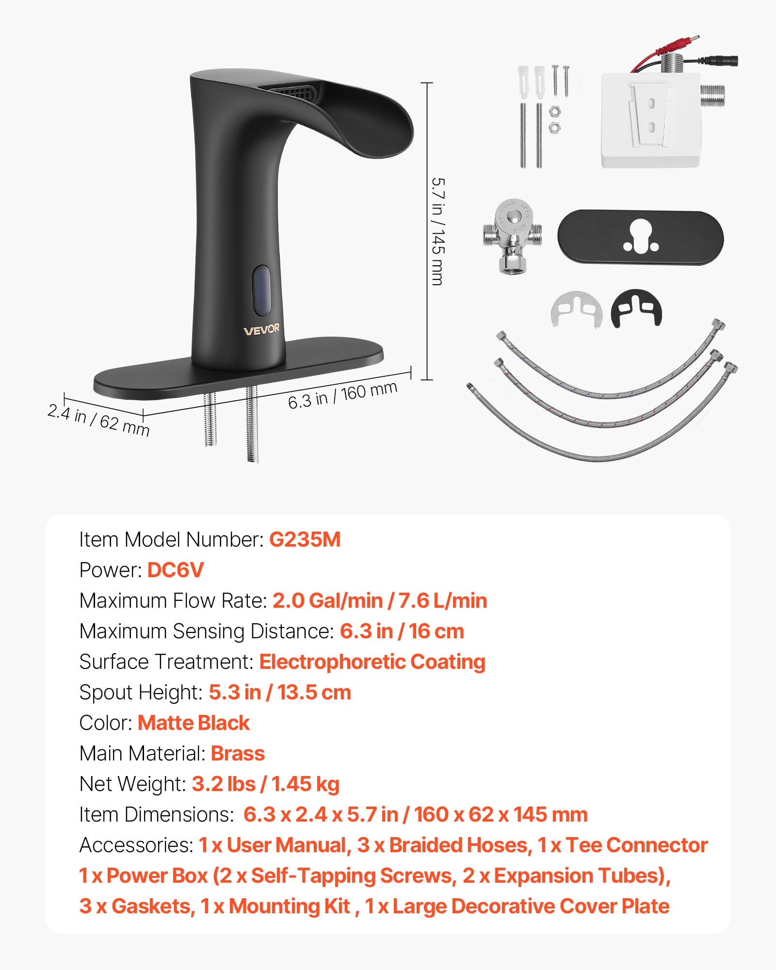 VEVOR Touchless Bathroom Sink Faucet, Automatic Motion Sensor Waterfall Restroom Toilet Faucet with Hole Cover Plate, Modern Electronic Sensor Hot/Cold Water for 9/16 in Pipe Commercial,Matte Black