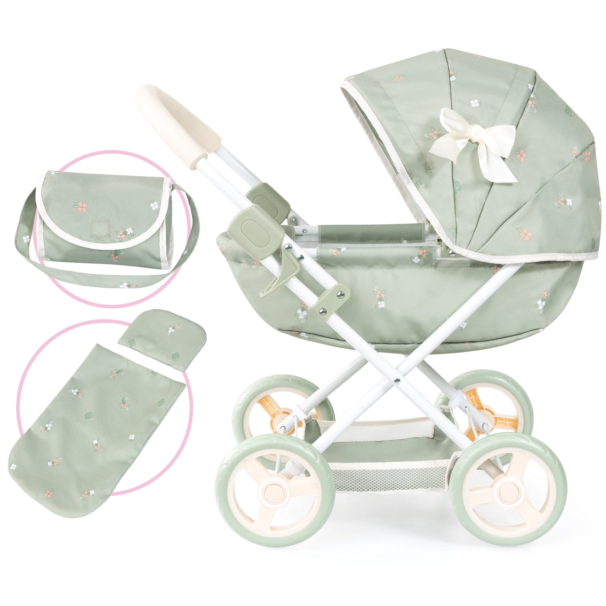 Bayer Design: Doll Pram Cosy - Green & Flowers - Play Push Stroller, Handbag, Blanket & Pillow, Folding, Toy Care Accessory Fits 18" Dolls, Kids 3+