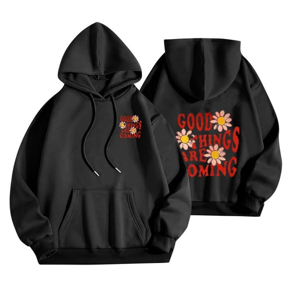 2025 Cute Graphic Hoodies for Women Pullover Long Sleeve Sweatshirts Letter Floral Printed Hooded Fall Winter Tops,Black 1,2XL