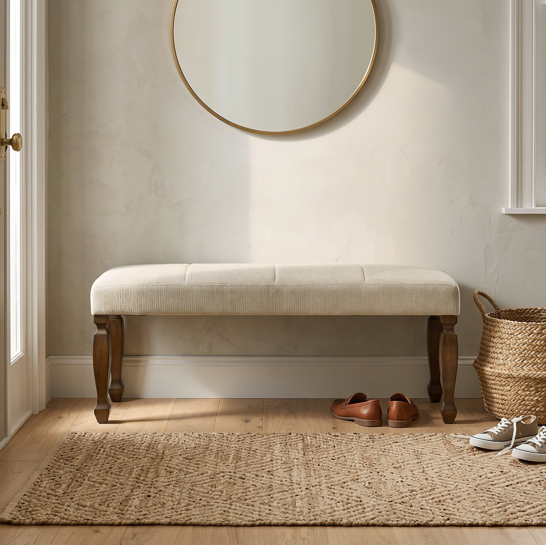 Roundhill Furniture Rowan Upholstered Turned Leg Wood Dining Bench, Beige