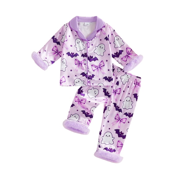 RUINIXCW Toddler Baby Girl Halloween Silk Stain Pajamas Outfit Kids Fall Winter PJS Set Sleepwear Ghost Printed Long Sleeve Button Down Shirt and Elastic Pants Set Homewear Loungewear
