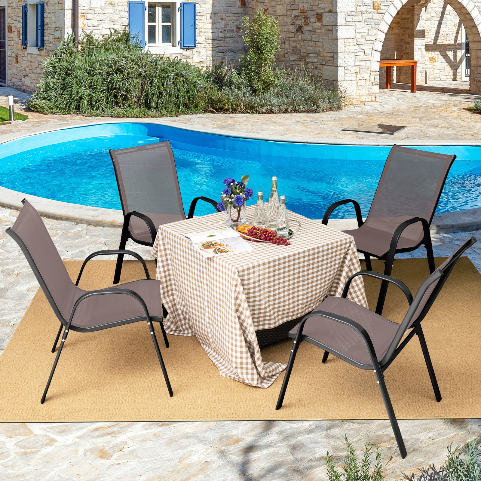 Costway Set of 4 Patio Dining Chairs Stackable Armrest Space Saving Garden Black & Brown