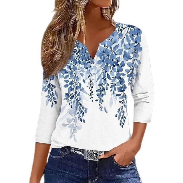 Generic Womens Summer Tops 3/4 Length Sleeve Button Down Shirts Henley V Neck Striped Blouses Plus Size Trendy Comfy Tees